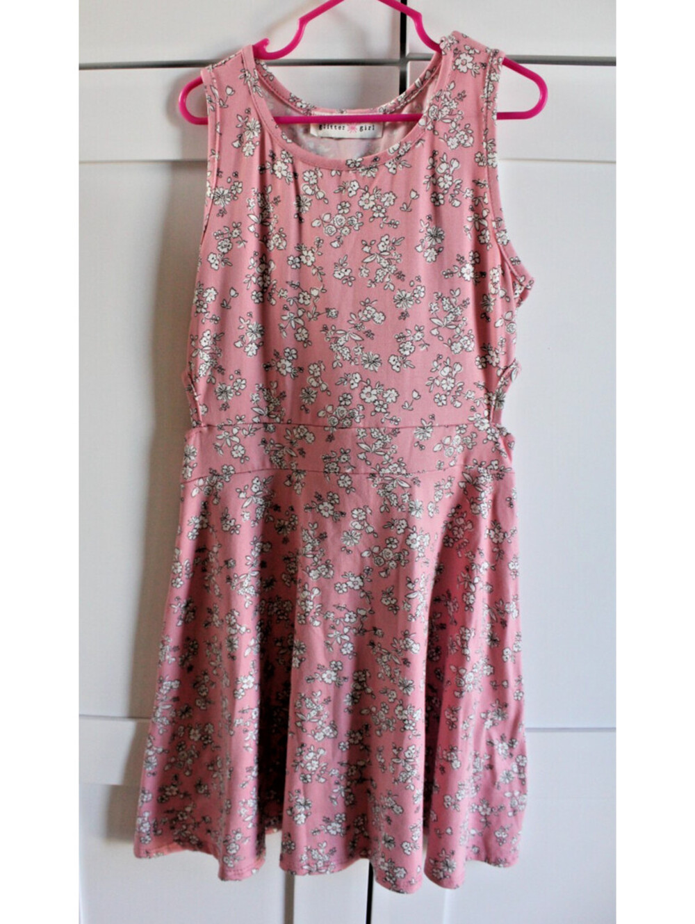 Glitter Girl- Girls Casual Pink Floral Dress with Waist Cutouts Size 10